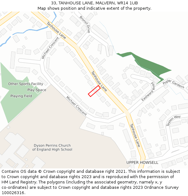 33, TANHOUSE LANE, MALVERN, WR14 1UB: Location map and indicative extent of plot