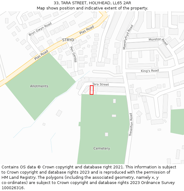 33, TARA STREET, HOLYHEAD, LL65 2AR: Location map and indicative extent of plot