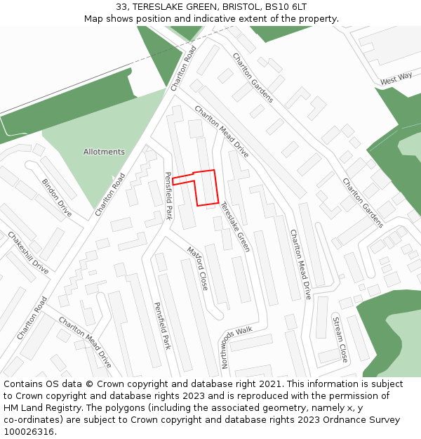 33, TERESLAKE GREEN, BRISTOL, BS10 6LT: Location map and indicative extent of plot