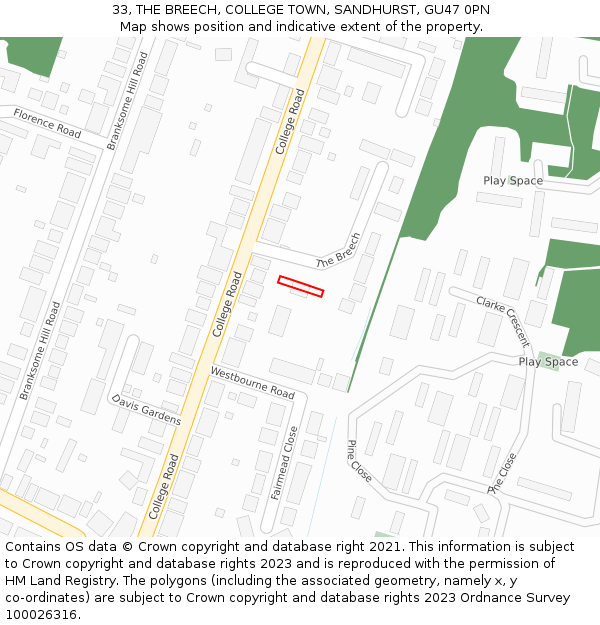 33, THE BREECH, COLLEGE TOWN, SANDHURST, GU47 0PN: Location map and indicative extent of plot