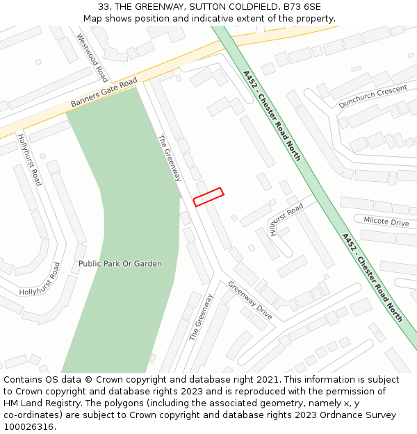 33, THE GREENWAY, SUTTON COLDFIELD, B73 6SE: Location map and indicative extent of plot