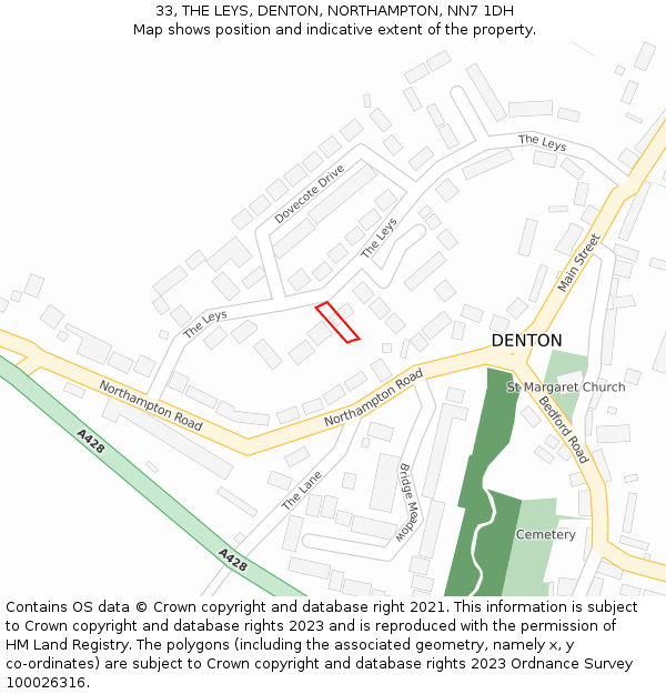 33, THE LEYS, DENTON, NORTHAMPTON, NN7 1DH: Location map and indicative extent of plot