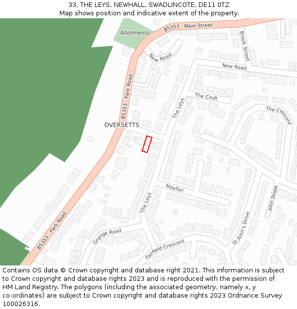 33, THE LEYS, NEWHALL, SWADLINCOTE, DE11 0TZ: Location map and indicative extent of plot