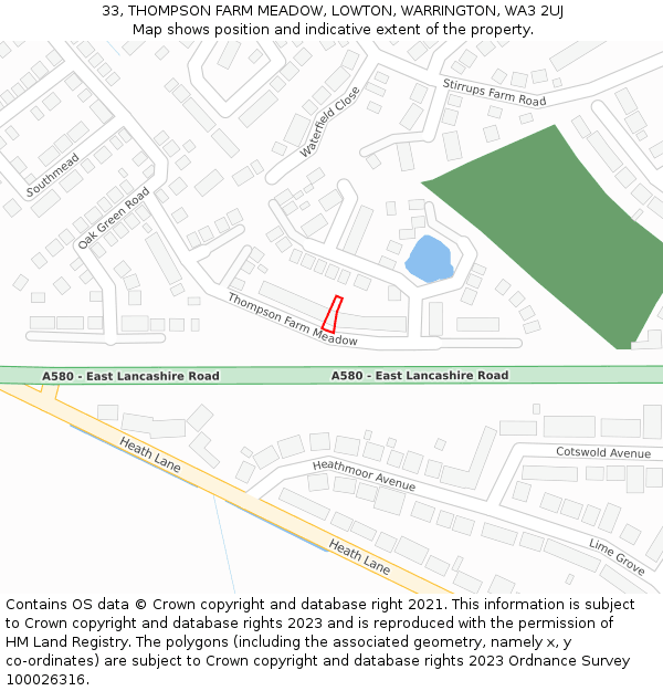 33, THOMPSON FARM MEADOW, LOWTON, WARRINGTON, WA3 2UJ: Location map and indicative extent of plot