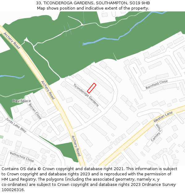 33, TICONDEROGA GARDENS, SOUTHAMPTON, SO19 9HB: Location map and indicative extent of plot