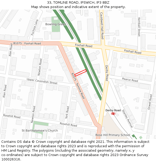 33, TOMLINE ROAD, IPSWICH, IP3 8BZ: Location map and indicative extent of plot