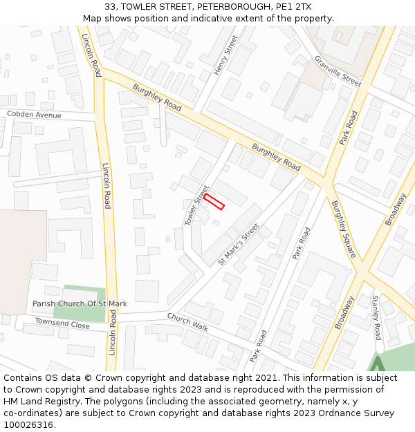33, TOWLER STREET, PETERBOROUGH, PE1 2TX: Location map and indicative extent of plot