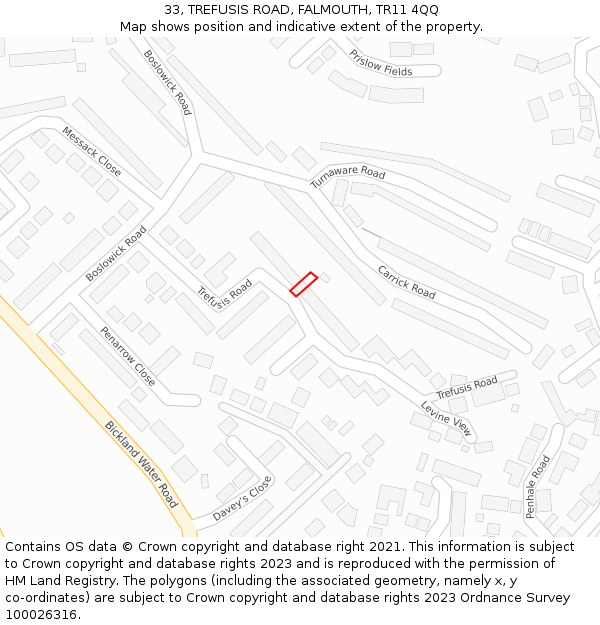33, TREFUSIS ROAD, FALMOUTH, TR11 4QQ: Location map and indicative extent of plot