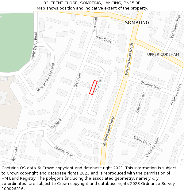 33, TRENT CLOSE, SOMPTING, LANCING, BN15 0EJ: Location map and indicative extent of plot