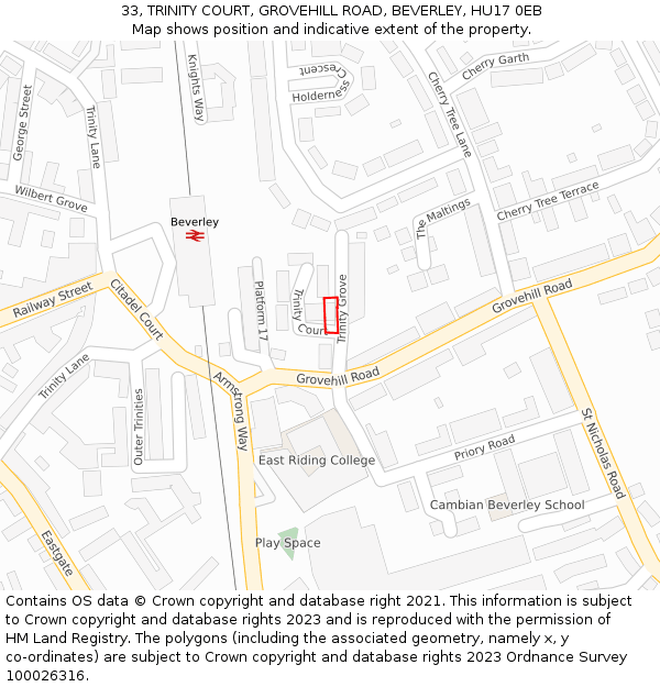 33, TRINITY COURT, GROVEHILL ROAD, BEVERLEY, HU17 0EB: Location map and indicative extent of plot