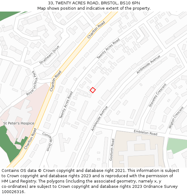 33, TWENTY ACRES ROAD, BRISTOL, BS10 6PN: Location map and indicative extent of plot