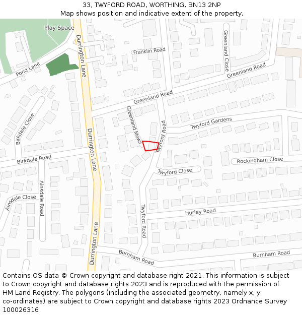 33, TWYFORD ROAD, WORTHING, BN13 2NP: Location map and indicative extent of plot