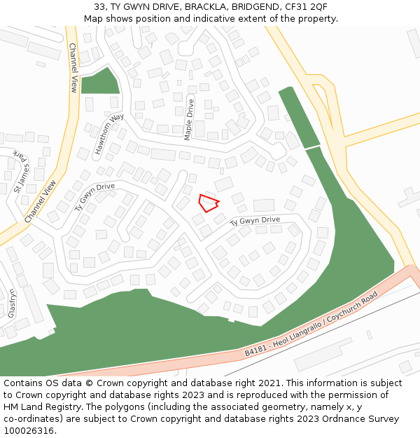 33, TY GWYN DRIVE, BRACKLA, BRIDGEND, CF31 2QF: Location map and indicative extent of plot