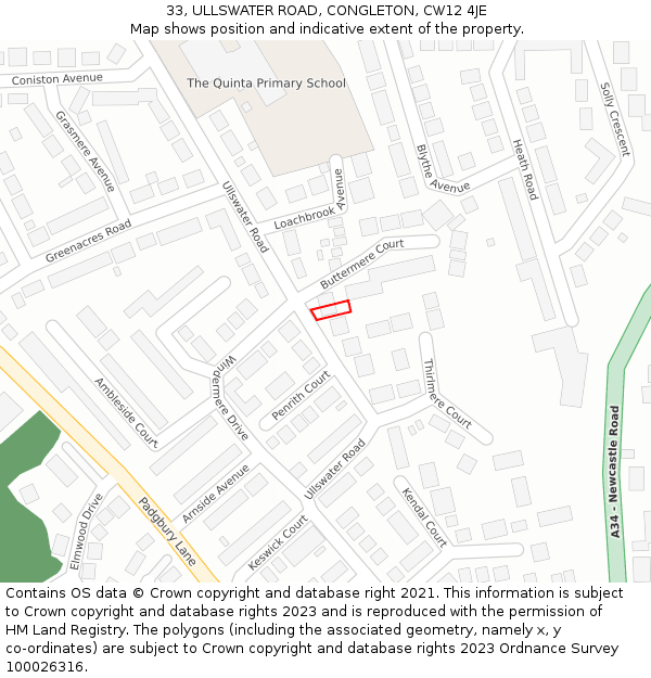 33, ULLSWATER ROAD, CONGLETON, CW12 4JE: Location map and indicative extent of plot