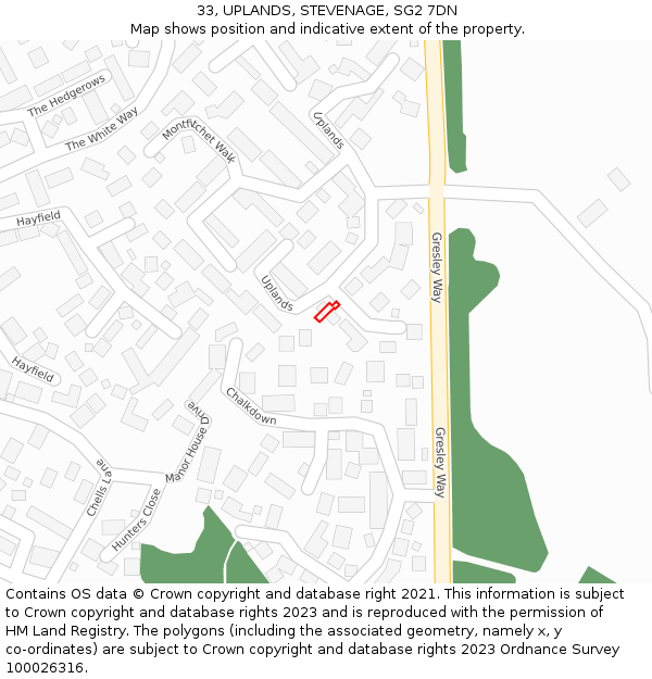 33, UPLANDS, STEVENAGE, SG2 7DN: Location map and indicative extent of plot