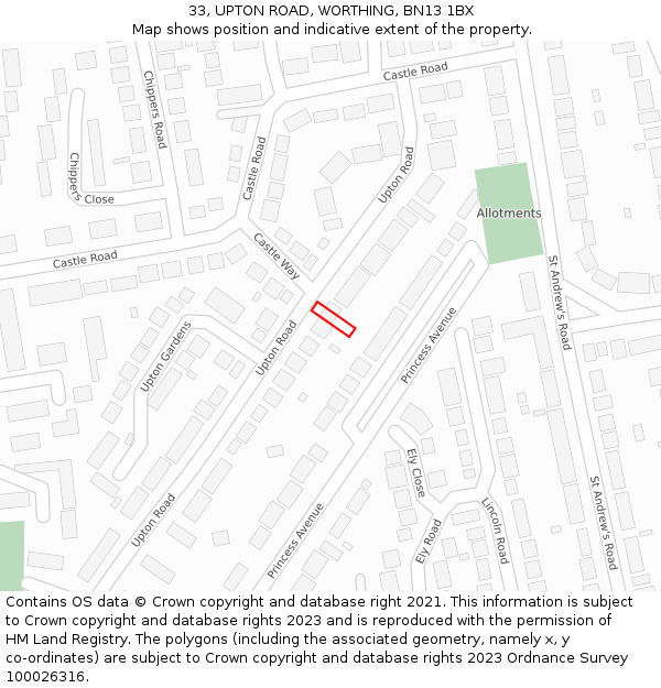 33, UPTON ROAD, WORTHING, BN13 1BX: Location map and indicative extent of plot