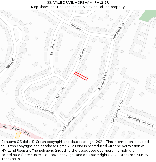 33, VALE DRIVE, HORSHAM, RH12 2JU: Location map and indicative extent of plot