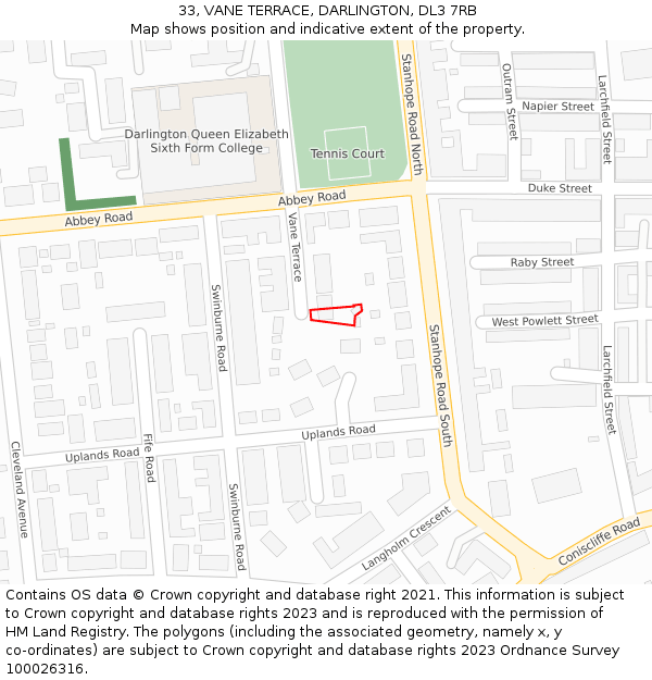 33, VANE TERRACE, DARLINGTON, DL3 7RB: Location map and indicative extent of plot