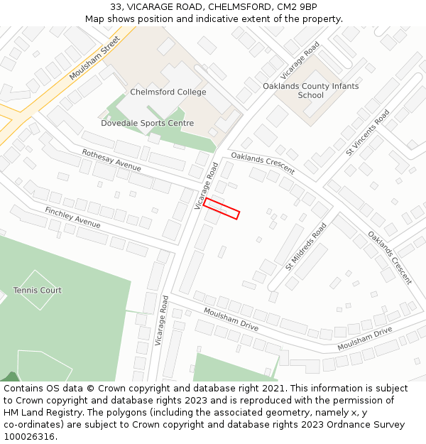 33, VICARAGE ROAD, CHELMSFORD, CM2 9BP: Location map and indicative extent of plot
