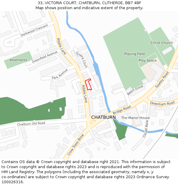 33, VICTORIA COURT, CHATBURN, CLITHEROE, BB7 4BF: Location map and indicative extent of plot
