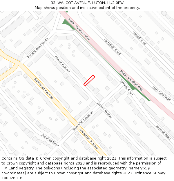 33, WALCOT AVENUE, LUTON, LU2 0PW: Location map and indicative extent of plot