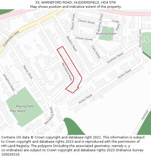33, WARNEFORD ROAD, HUDDERSFIELD, HD4 5TW: Location map and indicative extent of plot