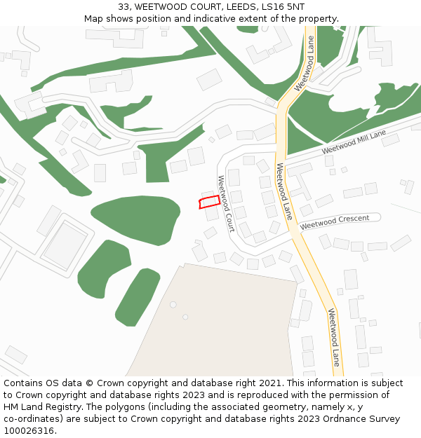 33, WEETWOOD COURT, LEEDS, LS16 5NT: Location map and indicative extent of plot