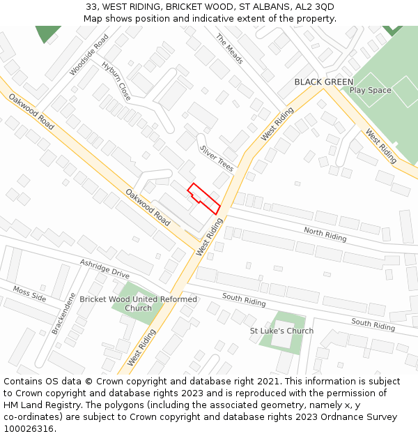 33, WEST RIDING, BRICKET WOOD, ST ALBANS, AL2 3QD: Location map and indicative extent of plot