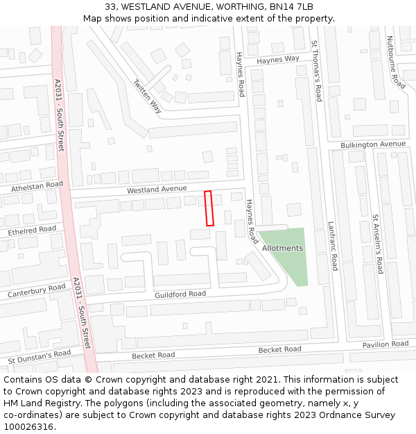 33, WESTLAND AVENUE, WORTHING, BN14 7LB: Location map and indicative extent of plot