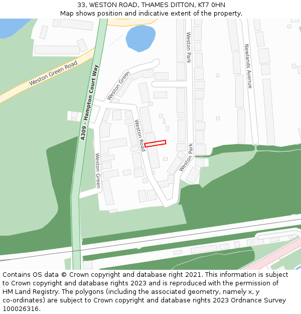 33, WESTON ROAD, THAMES DITTON, KT7 0HN: Location map and indicative extent of plot