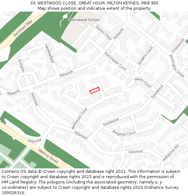 33, WESTWOOD CLOSE, GREAT HOLM, MILTON KEYNES, MK8 9EE: Location map and indicative extent of plot