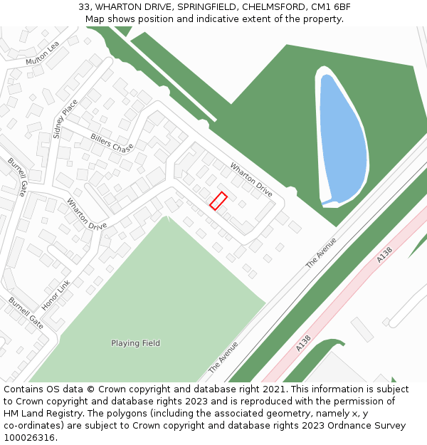 33, WHARTON DRIVE, SPRINGFIELD, CHELMSFORD, CM1 6BF: Location map and indicative extent of plot