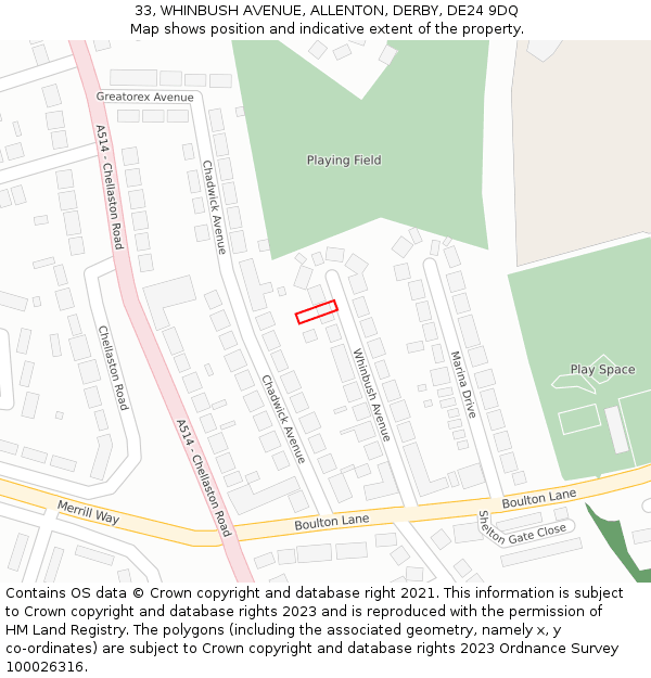 33, WHINBUSH AVENUE, ALLENTON, DERBY, DE24 9DQ: Location map and indicative extent of plot