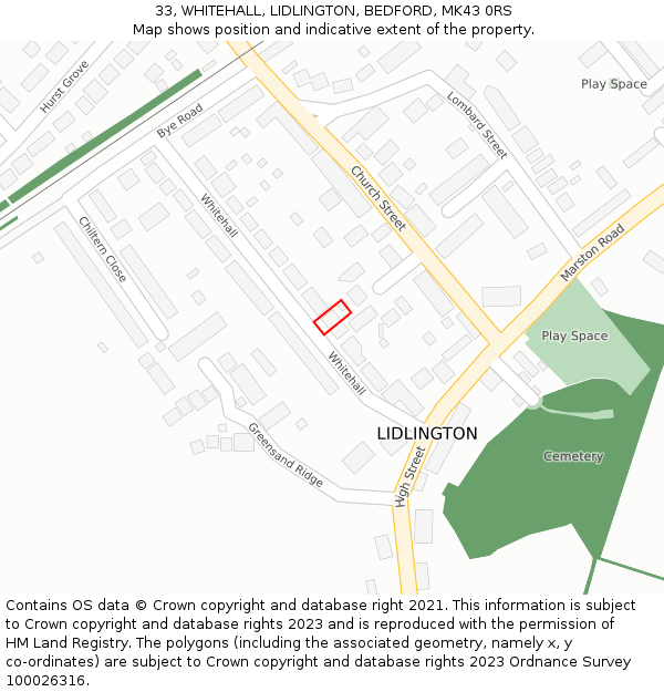 33, WHITEHALL, LIDLINGTON, BEDFORD, MK43 0RS: Location map and indicative extent of plot
