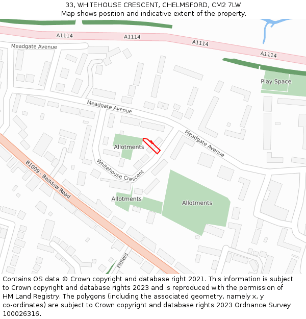 33, WHITEHOUSE CRESCENT, CHELMSFORD, CM2 7LW: Location map and indicative extent of plot