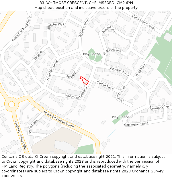 33, WHITMORE CRESCENT, CHELMSFORD, CM2 6YN: Location map and indicative extent of plot