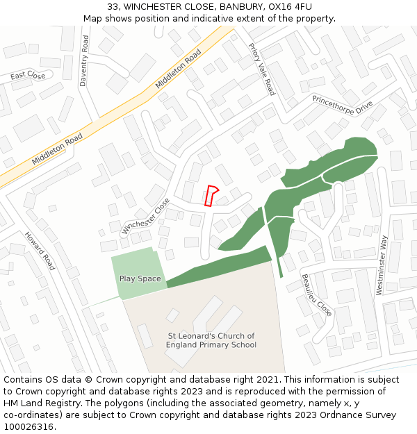 33, WINCHESTER CLOSE, BANBURY, OX16 4FU: Location map and indicative extent of plot