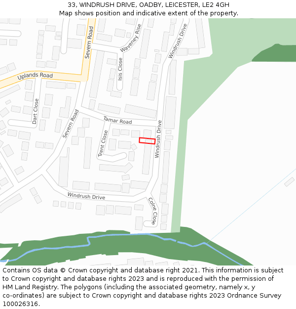 33, WINDRUSH DRIVE, OADBY, LEICESTER, LE2 4GH: Location map and indicative extent of plot