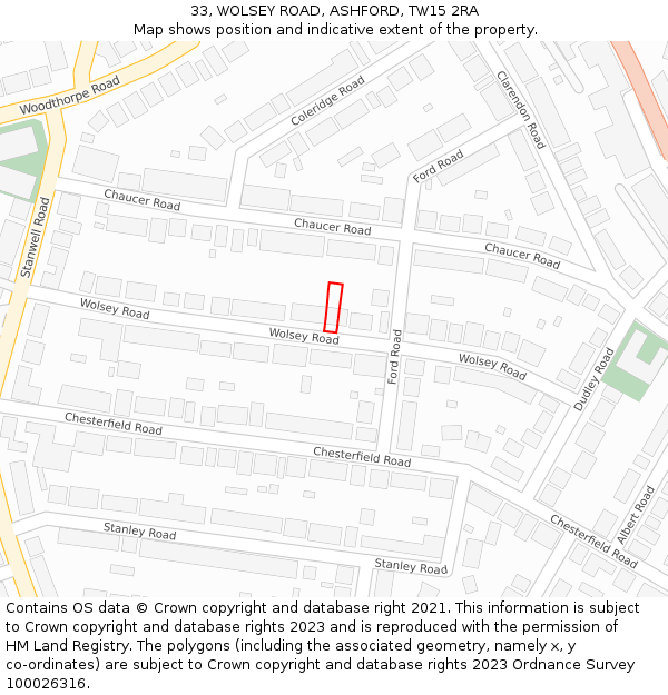 33, WOLSEY ROAD, ASHFORD, TW15 2RA: Location map and indicative extent of plot