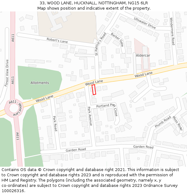 33, WOOD LANE, HUCKNALL, NOTTINGHAM, NG15 6LR: Location map and indicative extent of plot