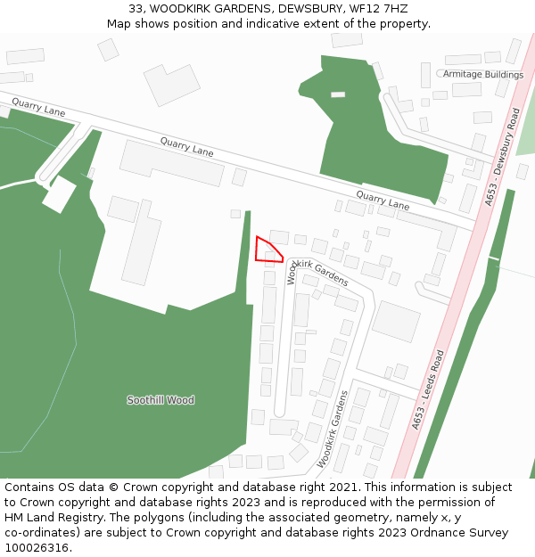 33, WOODKIRK GARDENS, DEWSBURY, WF12 7HZ: Location map and indicative extent of plot