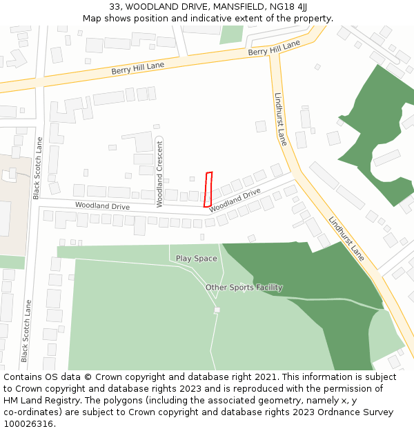 33, WOODLAND DRIVE, MANSFIELD, NG18 4JJ: Location map and indicative extent of plot
