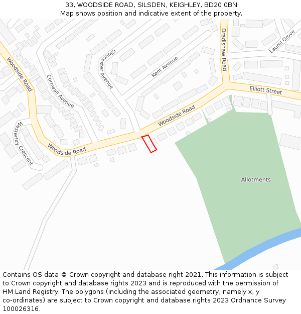 33, WOODSIDE ROAD, SILSDEN, KEIGHLEY, BD20 0BN: Location map and indicative extent of plot