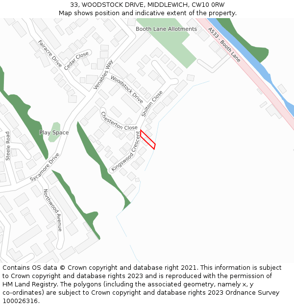 33, WOODSTOCK DRIVE, MIDDLEWICH, CW10 0RW: Location map and indicative extent of plot