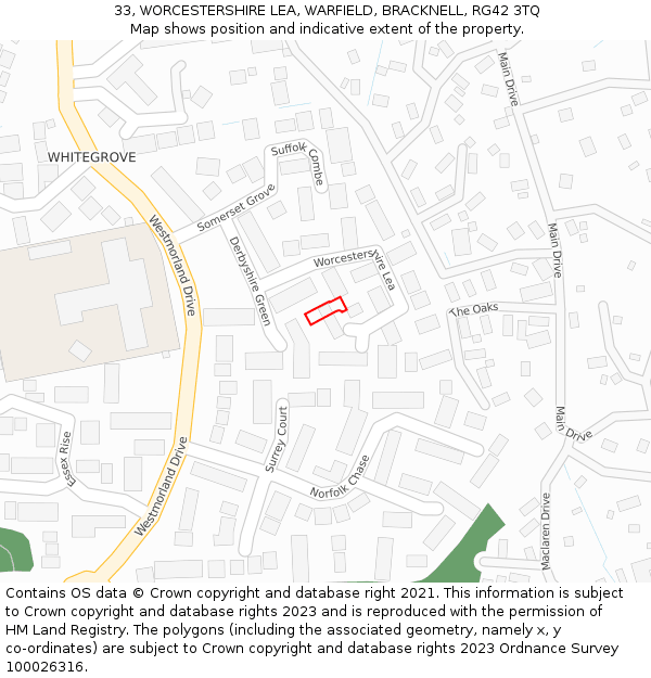 33, WORCESTERSHIRE LEA, WARFIELD, BRACKNELL, RG42 3TQ: Location map and indicative extent of plot