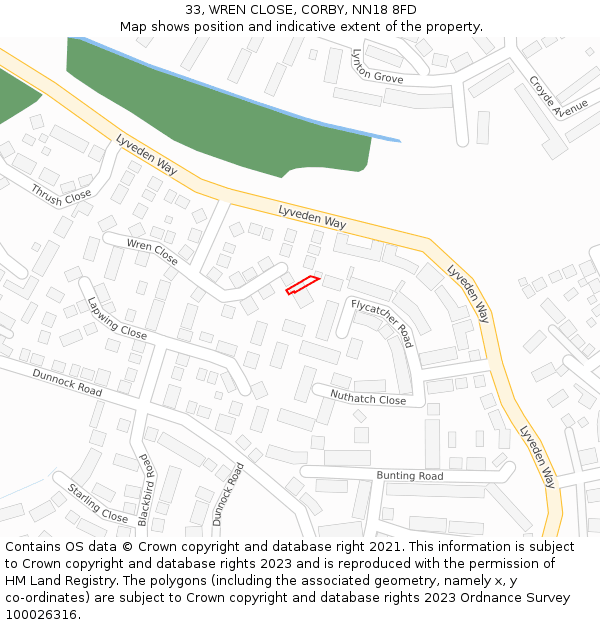 33, WREN CLOSE, CORBY, NN18 8FD: Location map and indicative extent of plot
