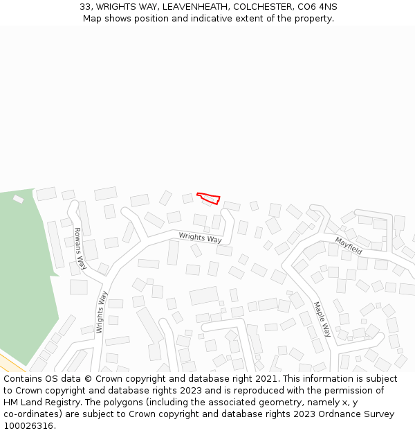33, WRIGHTS WAY, LEAVENHEATH, COLCHESTER, CO6 4NS: Location map and indicative extent of plot