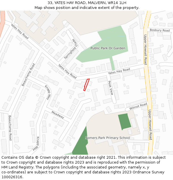 33, YATES HAY ROAD, MALVERN, WR14 1LH: Location map and indicative extent of plot
