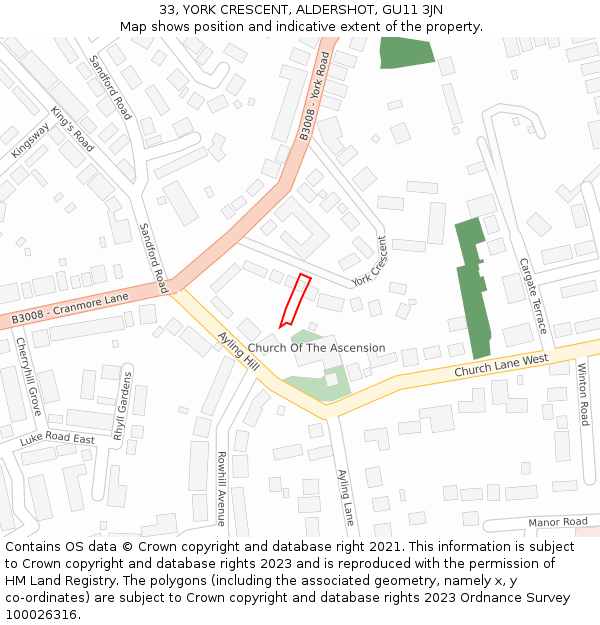 33, YORK CRESCENT, ALDERSHOT, GU11 3JN: Location map and indicative extent of plot