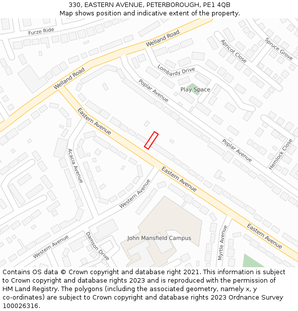 330, EASTERN AVENUE, PETERBOROUGH, PE1 4QB: Location map and indicative extent of plot